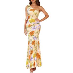 imagePRETTYGARDEN Womens Summer One Shoulder Maxi Dress 2026 Floral Sleeveless Bodycon Mesh Long Beach Vacation Sun DressesFloral Apricot
