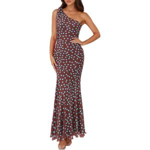 imagePRETTYGARDEN Womens Summer One Shoulder Maxi Dress 2026 Floral Sleeveless Bodycon Mesh Long Beach Vacation Sun DressesPolka Dot Brown