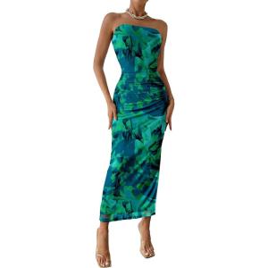 imagePRETTYGARDEN Womens Summer Wedding Guest Dress Strapless Tube Top Maxi Bodycon Long Floral Mesh Beach Vacation Party DressesGreen Big Floral
