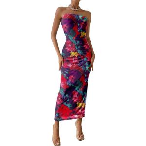 imagePRETTYGARDEN Womens Summer Wedding Guest Dress Strapless Tube Top Maxi Bodycon Long Floral Mesh Beach Vacation Party DressesNavy Red Big Floral