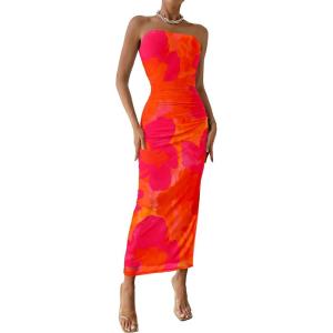 imagePRETTYGARDEN Womens Summer Wedding Guest Dress Strapless Tube Top Maxi Bodycon Long Floral Mesh Beach Vacation Party DressesOrange Red Big Floral