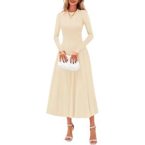 imagePRETTYGARDEN Womens Sweater Dress 2026 Long Sleeve Elegant Knit A Line Fall Wedding Guest Cocktail Midi Winter DressesApricot