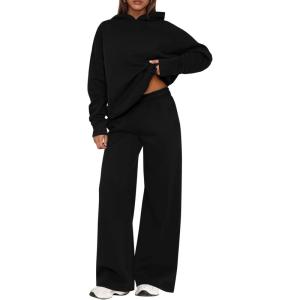 imagePRETTYGARDEN Womens Sweatsuits 2 Piece Set 2026 Casual Winter Long Sleeve Hoodie Loose Wide Leg Sweatpants Fall TracksuitBlack