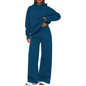 imagePRETTYGARDEN Womens Sweatsuits 2 Piece Set 2026 Casual Winter Long Sleeve Hoodie Loose Wide Leg Sweatpants Fall TracksuitDark Blue