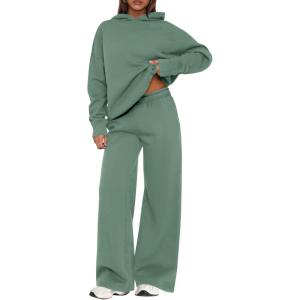 imagePRETTYGARDEN Womens Sweatsuits 2 Piece Set 2026 Casual Winter Long Sleeve Hoodie Loose Wide Leg Sweatpants Fall TracksuitGrey Green