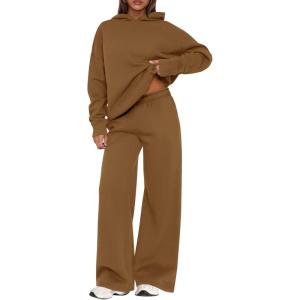 imagePRETTYGARDEN Womens Sweatsuits 2 Piece Set 2026 Casual Winter Long Sleeve Hoodie Loose Wide Leg Sweatpants Fall TracksuitLight Brown