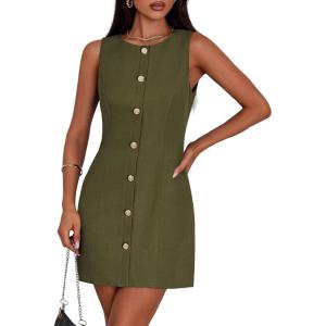 imagePRETTYGARDEN Work Dresses for Women 2026 Summer Business Formal Short Dress Sleeveless Button Down Elegant Office OutfitsArmy Green