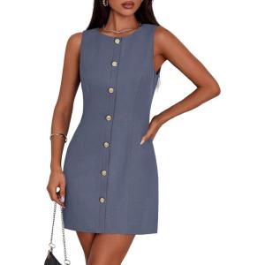imagePRETTYGARDEN Work Dresses for Women 2026 Summer Business Formal Short Dress Sleeveless Button Down Elegant Office OutfitsGrey Blue