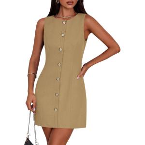 imagePRETTYGARDEN Work Dresses for Women 2026 Summer Business Formal Short Dress Sleeveless Button Down Elegant Office OutfitsKhaki