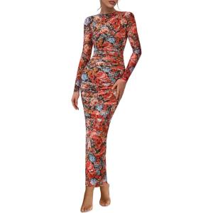 image:imagePRETTYGARDEN Womens Long Sleeve Maxi Dresses 2026 Spring Ruched Bodycon Floral Mesh Formal Wedding Guest Cocktail Party DressBlack Multicolored Floral