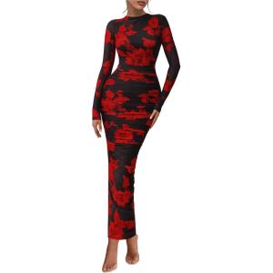 image:imagePRETTYGARDEN Womens Long Sleeve Maxi Dresses 2026 Spring Ruched Bodycon Floral Mesh Formal Wedding Guest Cocktail Party DressBlack Red Flower