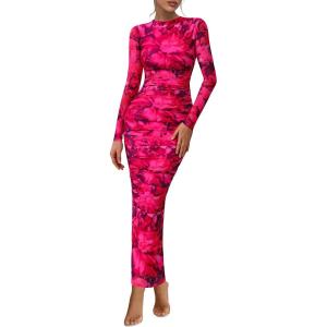 image:imagePRETTYGARDEN Womens Long Sleeve Maxi Dresses 2026 Spring Ruched Bodycon Floral Mesh Formal Wedding Guest Cocktail Party DressBlack Rose Red Big Floral