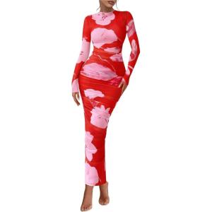 image:imagePRETTYGARDEN Womens Long Sleeve Maxi Dresses 2026 Spring Ruched Bodycon Floral Mesh Formal Wedding Guest Cocktail Party DressBrick Red Flower