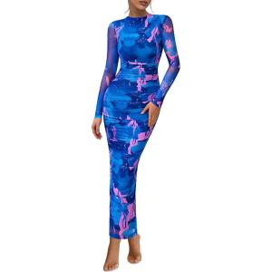 image:imagePRETTYGARDEN Womens Long Sleeve Maxi Dresses 2026 Spring Ruched Bodycon Floral Mesh Formal Wedding Guest Cocktail Party DressFloral Blue Pink