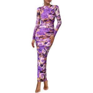 image:imagePRETTYGARDEN Womens Long Sleeve Maxi Dresses 2026 Spring Ruched Bodycon Floral Mesh Formal Wedding Guest Cocktail Party DressFloral Grey Purple