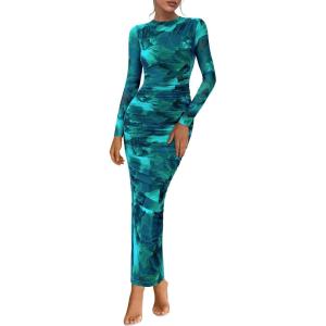 image:imagePRETTYGARDEN Womens Long Sleeve Maxi Dresses 2026 Spring Ruched Bodycon Floral Mesh Formal Wedding Guest Cocktail Party DressFloral Lake Blue