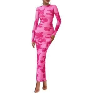 image:imagePRETTYGARDEN Womens Long Sleeve Maxi Dresses 2026 Spring Ruched Bodycon Floral Mesh Formal Wedding Guest Cocktail Party DressFloral Pink Rose Red