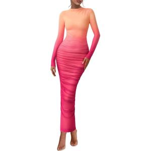 image:imagePRETTYGARDEN Womens Long Sleeve Maxi Dresses 2026 Spring Ruched Bodycon Floral Mesh Formal Wedding Guest Cocktail Party DressGradient Bean Paste