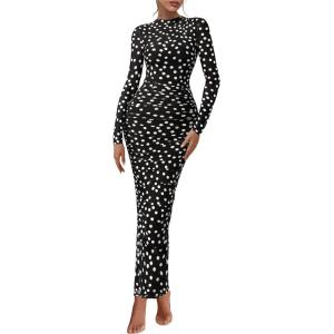 image:imagePRETTYGARDEN Womens Long Sleeve Maxi Dresses 2026 Spring Ruched Bodycon Floral Mesh Formal Wedding Guest Cocktail Party DressPolka Dot Black
