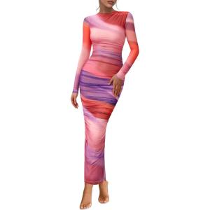 image:imagePRETTYGARDEN Womens Long Sleeve Maxi Dresses 2026 Spring Ruched Bodycon Floral Mesh Formal Wedding Guest Cocktail Party DressRainbow Print