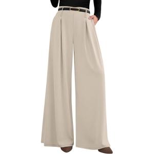image:imagePRETTYGARDEN Womens Spring Wide Leg Trousers 2026 High Elastic Waist Loose Pleated Long Flowy Palazzo Work Pants with PocketsApricot
