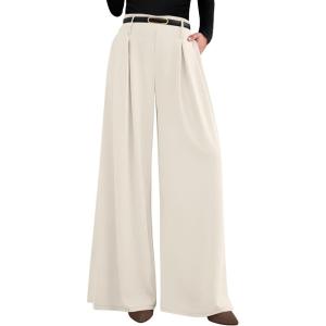 image:imagePRETTYGARDEN Womens Spring Wide Leg Trousers 2026 High Elastic Waist Loose Pleated Long Flowy Palazzo Work Pants with PocketsBeige