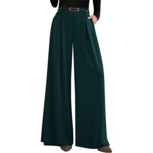image:imagePRETTYGARDEN Womens Spring Wide Leg Trousers 2026 High Elastic Waist Loose Pleated Long Flowy Palazzo Work Pants with PocketsDark Green