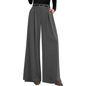 image:imagePRETTYGARDEN Womens Spring Wide Leg Trousers 2026 High Elastic Waist Loose Pleated Long Flowy Palazzo Work Pants with PocketsGrey