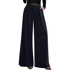 image:imagePRETTYGARDEN Womens Spring Wide Leg Trousers 2026 High Elastic Waist Loose Pleated Long Flowy Palazzo Work Pants with PocketsNavy