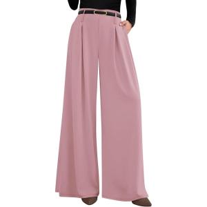 image:imagePRETTYGARDEN Womens Spring Wide Leg Trousers 2026 High Elastic Waist Loose Pleated Long Flowy Palazzo Work Pants with PocketsPink
