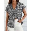 image:imagePRETTYGARDEN Womens Button Down Shirts V Neck Short Cap Sleeve Collared Plaid Tops 2026 Summer Spring Casual Blouses ClothesBlack