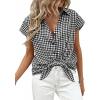 image:imagePRETTYGARDEN Womens Button Down Shirts V Neck Short Cap Sleeve Collared Plaid Tops 2026 Summer Spring Casual Blouses ClothesBlack