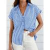 image:imagePRETTYGARDEN Womens Button Down Shirts V Neck Short Cap Sleeve Collared Plaid Tops 2026 Summer Spring Casual Blouses ClothesBlue