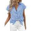 image:imagePRETTYGARDEN Womens Button Down Shirts V Neck Short Cap Sleeve Collared Plaid Tops 2026 Summer Spring Casual Blouses ClothesBlue