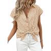 image:imagePRETTYGARDEN Womens Button Down Shirts V Neck Short Cap Sleeve Collared Plaid Tops 2026 Summer Spring Casual Blouses ClothesBrown