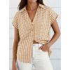 image:imagePRETTYGARDEN Womens Button Down Shirts V Neck Short Cap Sleeve Collared Plaid Tops 2026 Summer Spring Casual Blouses ClothesBrown