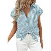 image:imagePRETTYGARDEN Womens Button Down Shirts V Neck Short Cap Sleeve Collared Plaid Tops 2026 Summer Spring Casual Blouses ClothesGrey Blue