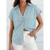 image:imagePRETTYGARDEN Womens Button Down Shirts V Neck Short Cap Sleeve Collared Plaid Tops 2026 Summer Spring Casual Blouses ClothesGrey Blue