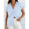 image:imagePRETTYGARDEN Womens Button Down Shirts V Neck Short Cap Sleeve Collared Plaid Tops 2026 Summer Spring Casual Blouses ClothesLight Blue