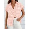 image:imagePRETTYGARDEN Womens Button Down Shirts V Neck Short Cap Sleeve Collared Plaid Tops 2026 Summer Spring Casual Blouses ClothesLight Pink