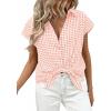 image:imagePRETTYGARDEN Womens Button Down Shirts V Neck Short Cap Sleeve Collared Plaid Tops 2026 Summer Spring Casual Blouses ClothesLight Pink
