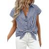 image:imagePRETTYGARDEN Womens Button Down Shirts V Neck Short Cap Sleeve Collared Plaid Tops 2026 Summer Spring Casual Blouses ClothesNavy