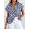 image:imagePRETTYGARDEN Womens Button Down Shirts V Neck Short Cap Sleeve Collared Plaid Tops 2026 Summer Spring Casual Blouses ClothesNavy