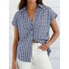 image:imagePRETTYGARDEN Womens Button Down Shirts V Neck Short Cap Sleeve Collared Plaid Tops 2026 Summer Spring Casual Blouses ClothesNavy