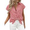 image:imagePRETTYGARDEN Womens Button Down Shirts V Neck Short Cap Sleeve Collared Plaid Tops 2026 Summer Spring Casual Blouses ClothesWine Red