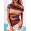 image:imagePRETTYGARDEN Womens Summer Off The Shoulder Tops 2026 Spring Short Sleeve Mesh Tie Dye Shirt Ruched Asymmetrical Y2k ClothesFloral Brown