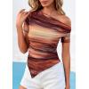 image:imagePRETTYGARDEN Womens Summer Off The Shoulder Tops 2026 Spring Short Sleeve Mesh Tie Dye Shirt Ruched Asymmetrical Y2k ClothesFloral Brown