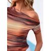 image:imagePRETTYGARDEN Womens Summer Off The Shoulder Tops 2026 Spring Short Sleeve Mesh Tie Dye Shirt Ruched Asymmetrical Y2k ClothesFloral Brown