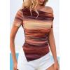 image:imagePRETTYGARDEN Womens Summer Off The Shoulder Tops 2026 Spring Short Sleeve Mesh Tie Dye Shirt Ruched Asymmetrical Y2k ClothesFloral Brown