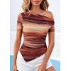 image:imagePRETTYGARDEN Womens Summer Off The Shoulder Tops 2026 Spring Short Sleeve Mesh Tie Dye Shirt Ruched Asymmetrical Y2k ClothesFloral Brown